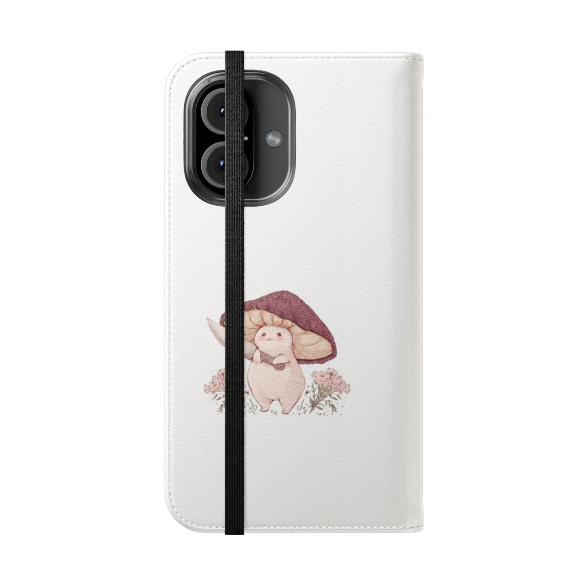 Flip cover phone case featuring a whimsical mushroom design in a fantasy forest setting - Folded Front