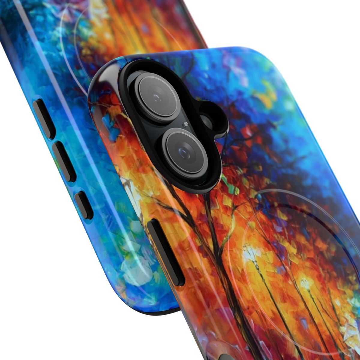 Vibrant phone case featuring a night cityscape with a lakeside view, inspired by the oil paintings of Leonid Afremov. - Detail