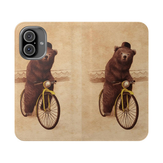 A whimsical vintage-inspired phone case featuring a bear character on a bicycle in a circus setting.