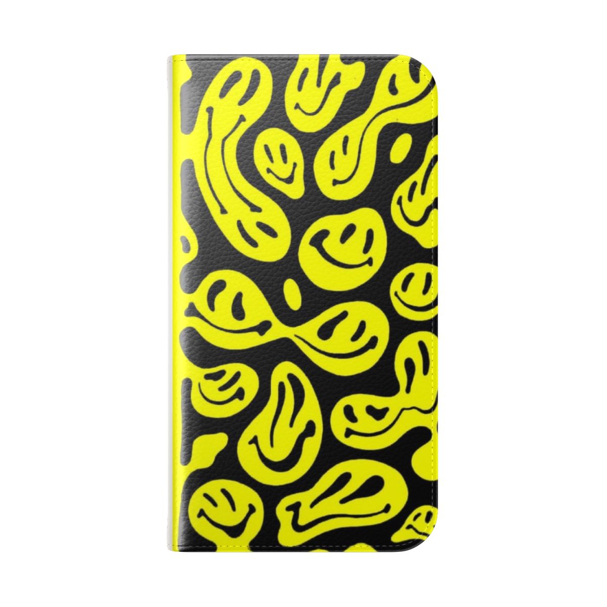 A colorful, psychedelic phone case featuring a melted smiley face pattern in shades of purple, pink, and yellow. - Folded Back