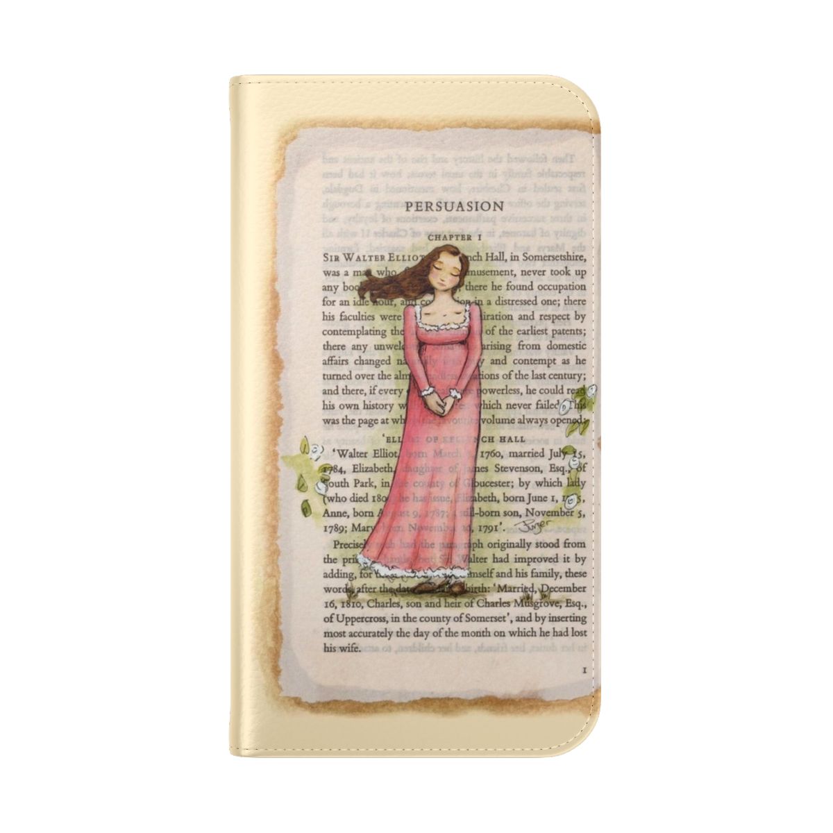 Stylish flip cover phone case featuring artwork inspired by Jane Austen's novel Persuasion and the character Anne Elliot. - Folded Back