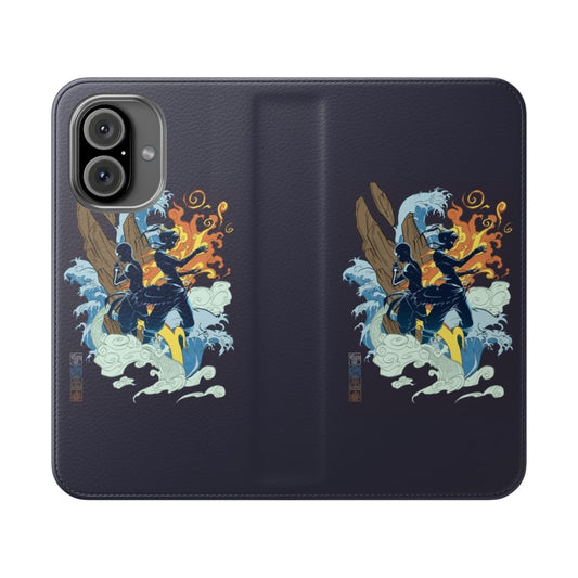 Avatar-inspired flip cover phone case featuring Aang and Korra artwork