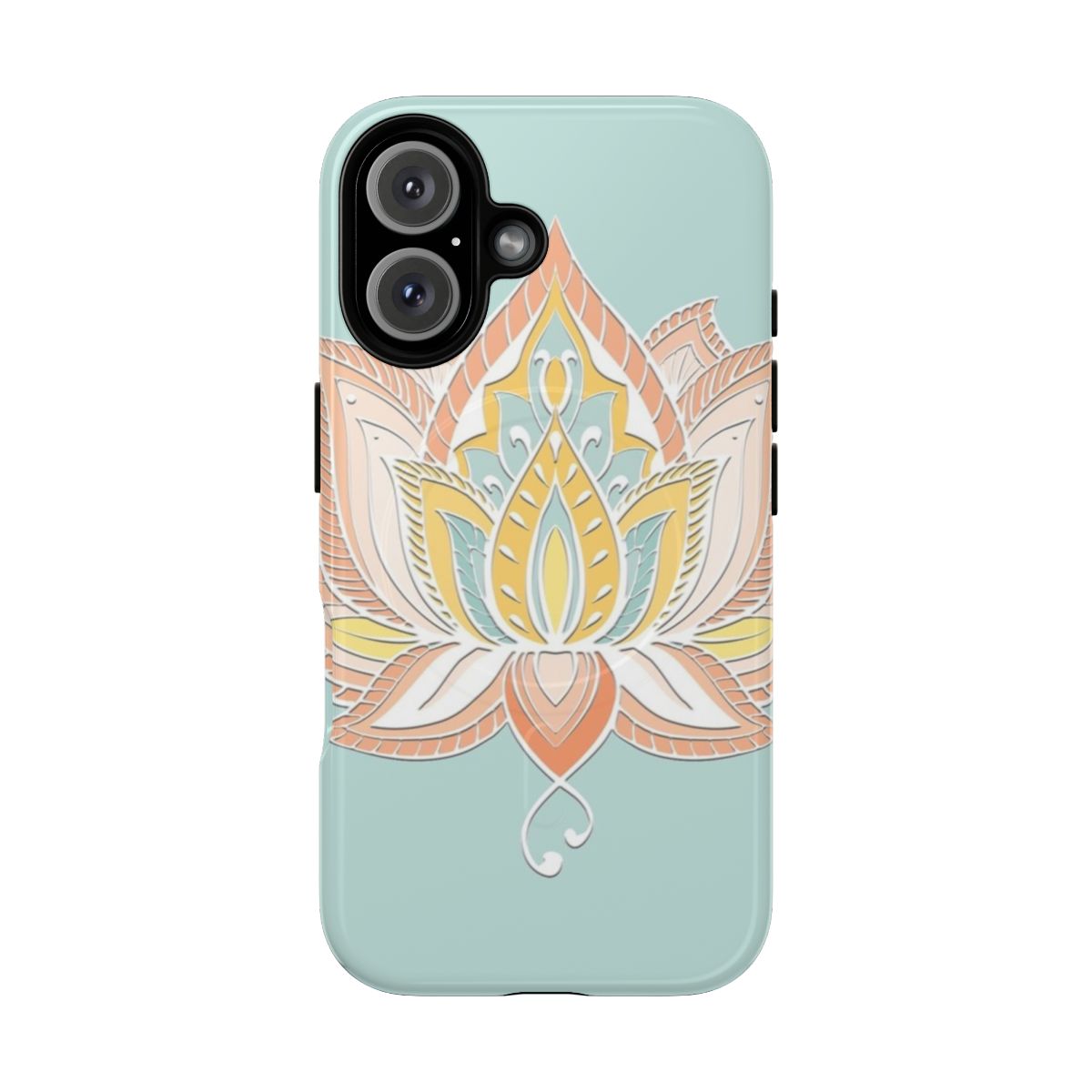 Peach, butterscotch yellow, and green lotus mandala design on a magnetic tough phone case