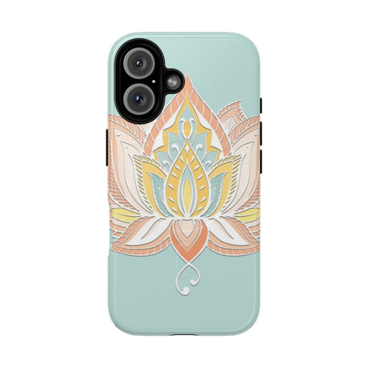 Peach, butterscotch yellow, and green lotus mandala design on a magnetic tough phone case