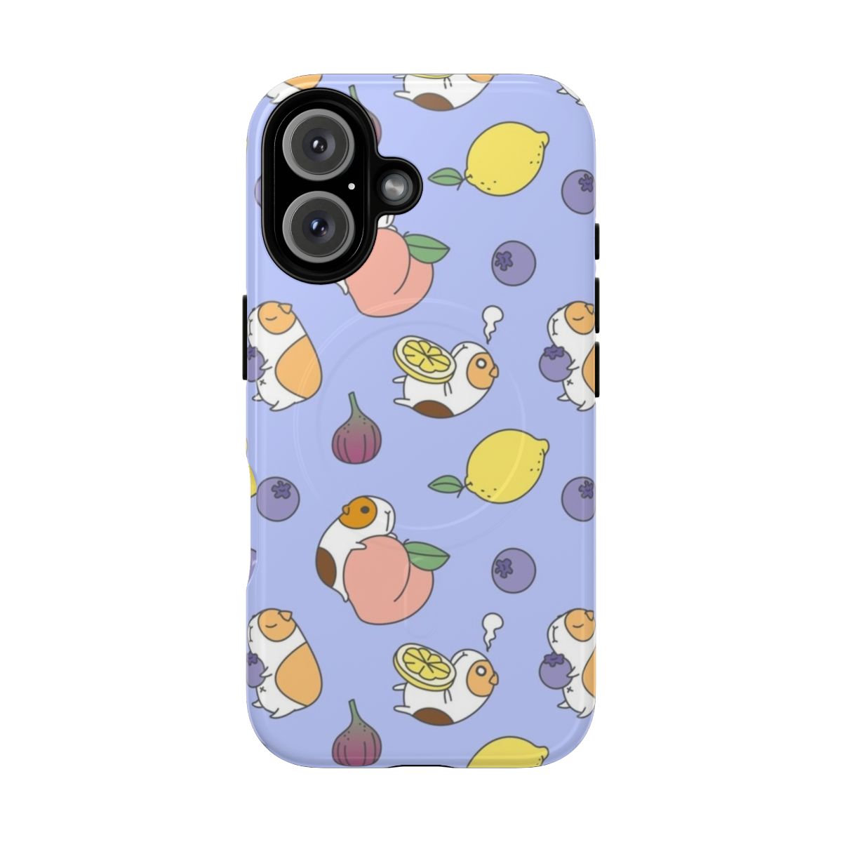 Illustration of a cute guinea pig eating a blueberry on a protective phone case