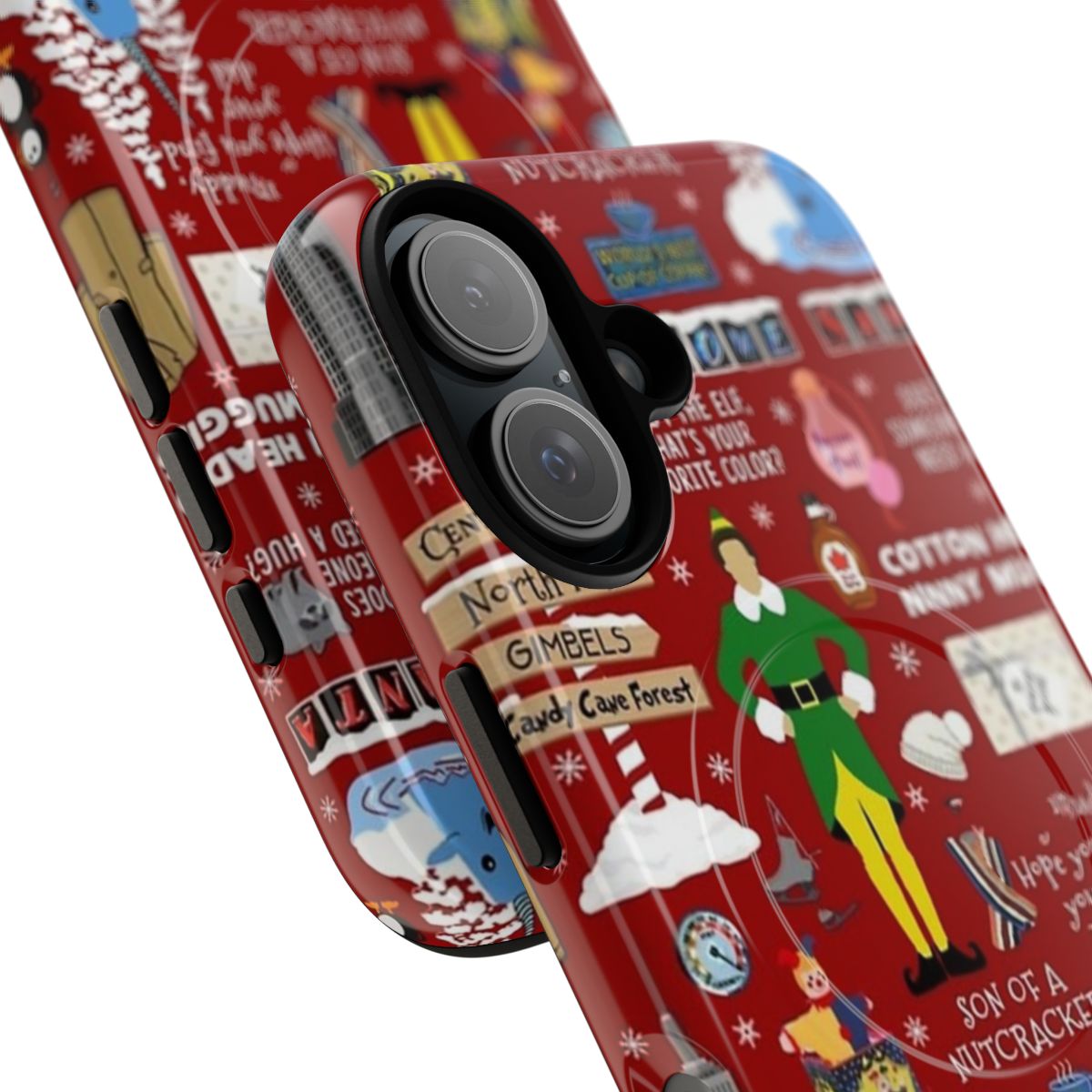 Collage of Buddy the Elf from the Christmas movie with various holiday-themed quotes and images on a red phone case. - Detail