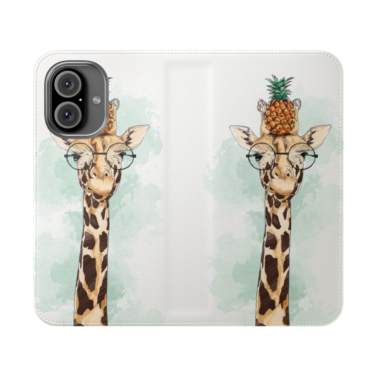 Colorful flip cover phone case featuring a giraffe and pineapple design