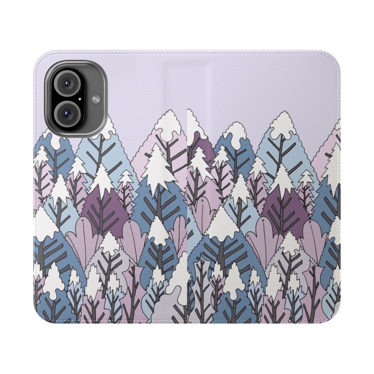 A winter forest landscape depicted in an abstract, artistic style on a phone case