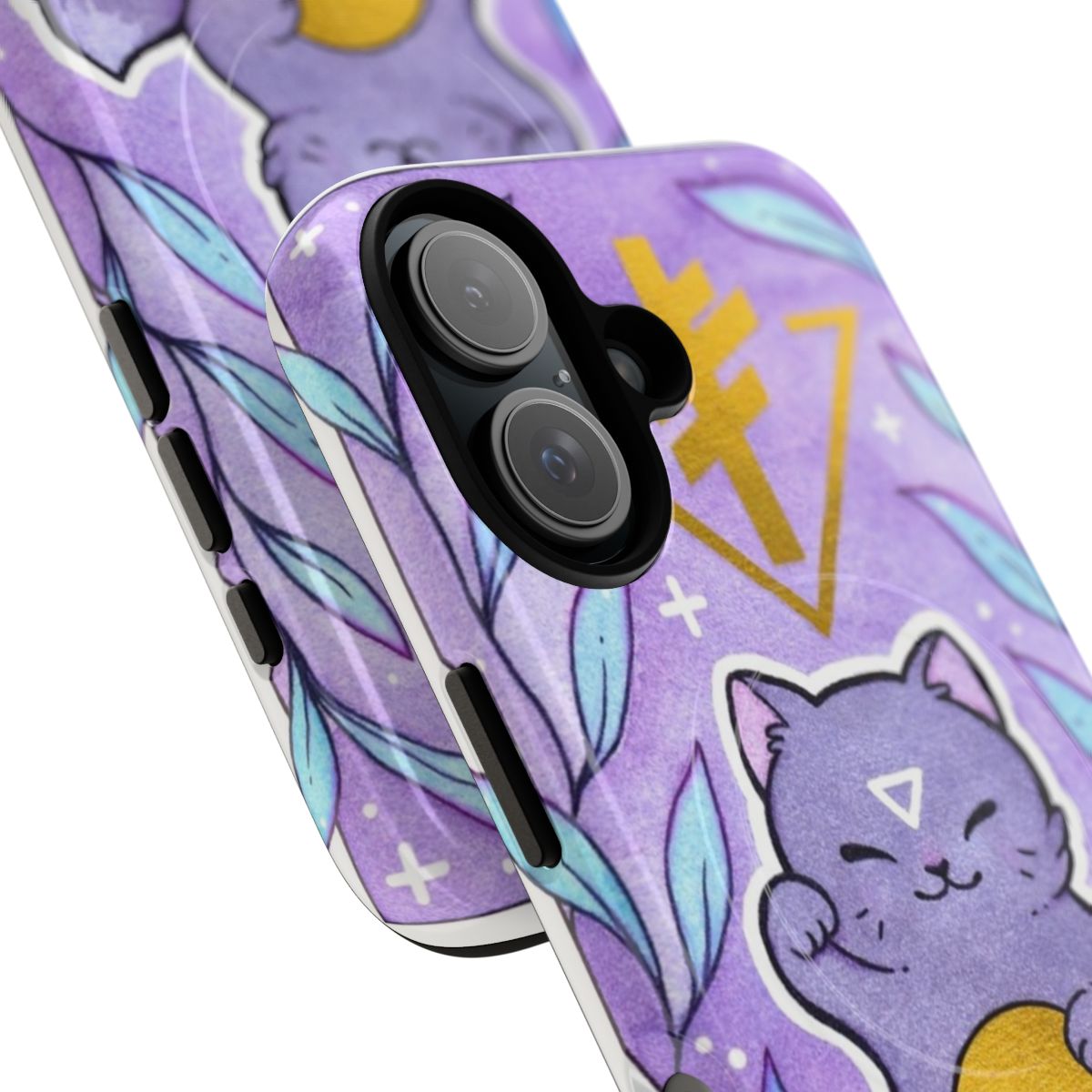 Magnetic tough phone case with a cute and lucky black cat design in a witchy, wiccan style - Detail