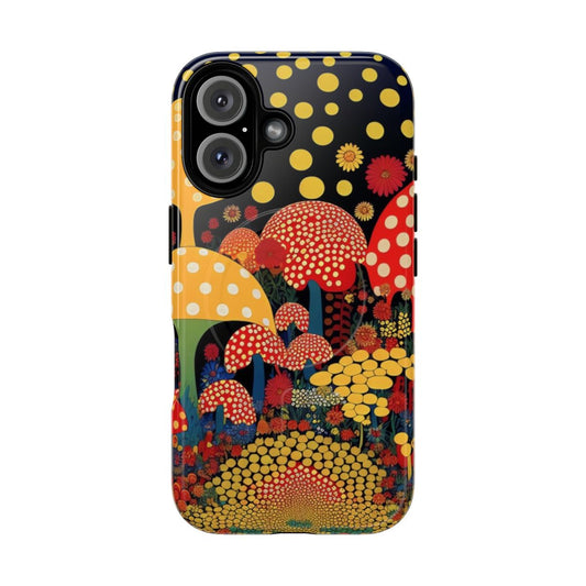 Vibrant polka dot mushroom pattern phone case in a surreal, psychedelic style