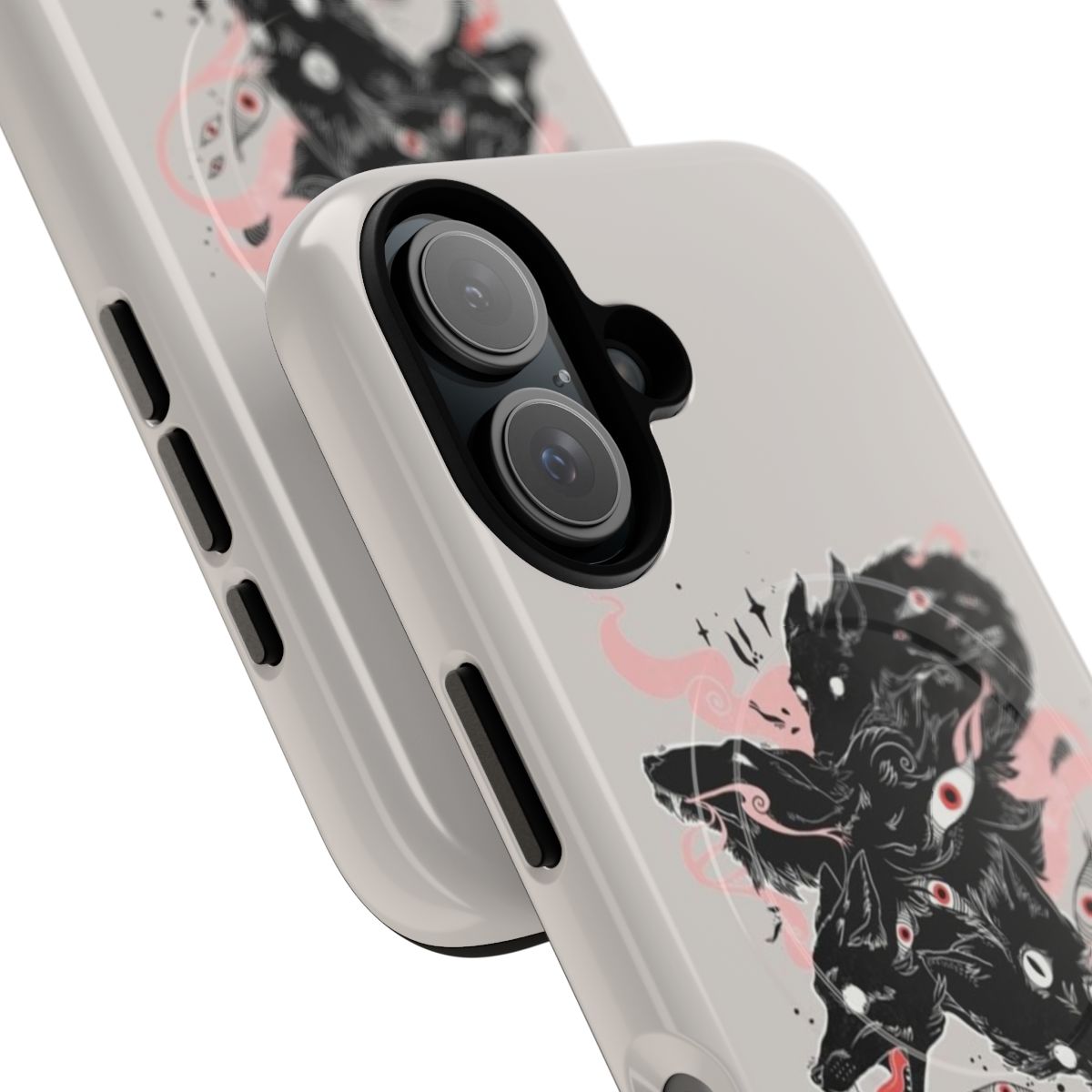 Phone case with an illustration of mystical wolves with many eyes - Detail