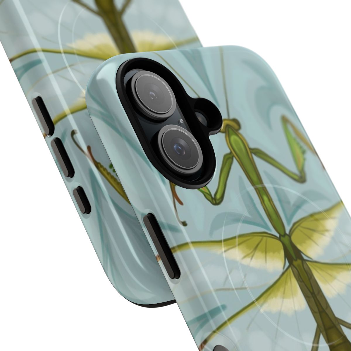 A magnetic tough phone case featuring a praying mantis diorama design in a natural, green setting. - Detail