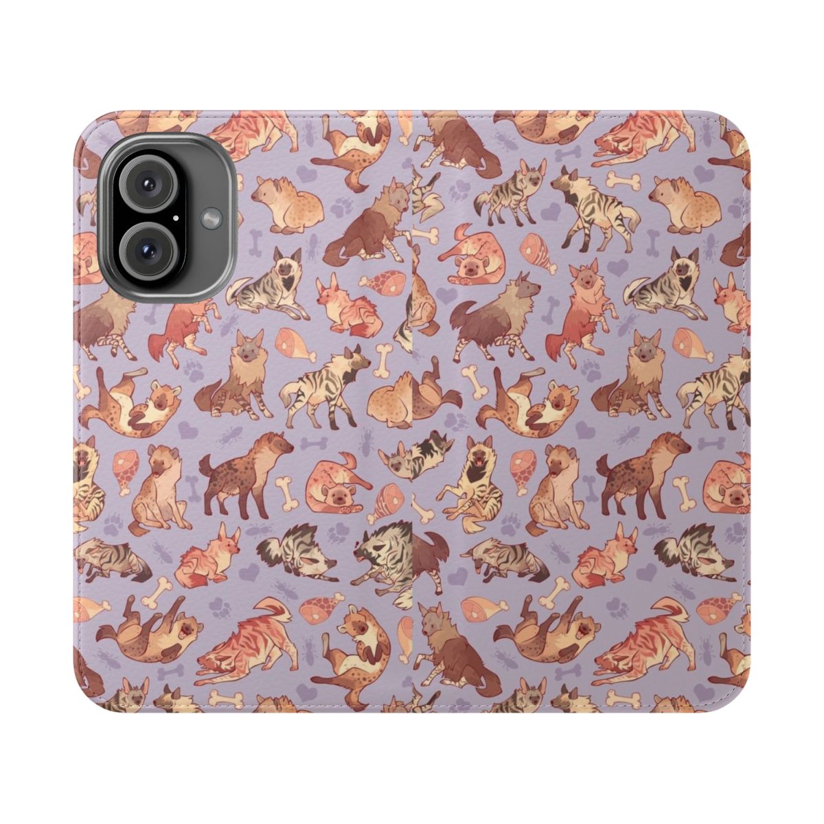 Lavender-colored flip cover phone case featuring a playful hyena design