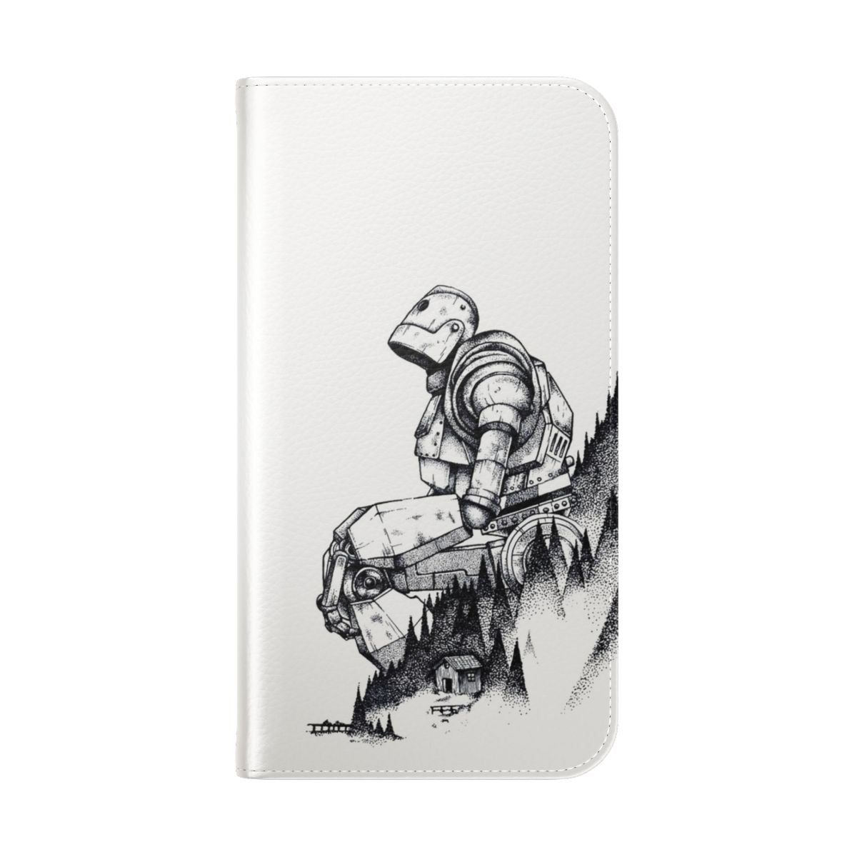 Flip cover phone case featuring a stylized illustration of the Iron Giant character from the classic Warner Bros. animated film. - Folded Back