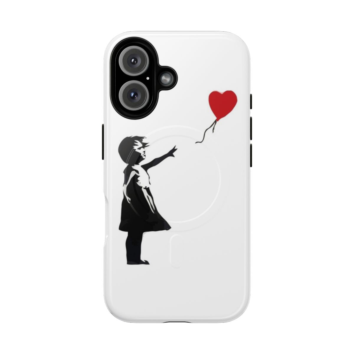 Banksy-style stencil art of a girl with a heart-shaped balloon on a phone case