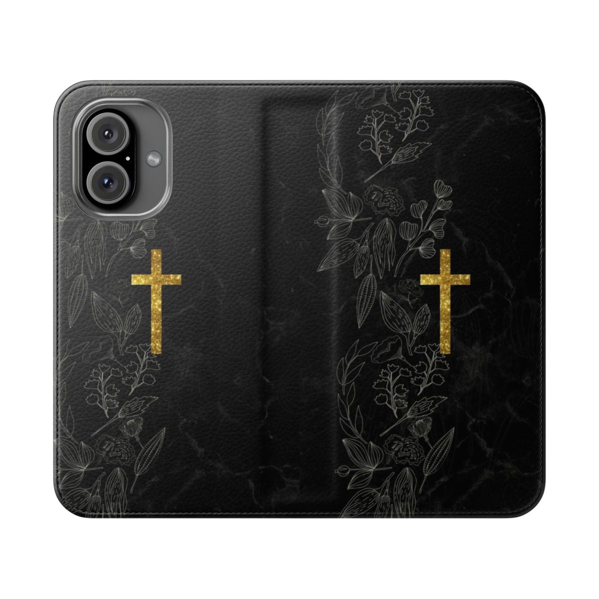 Marble and gold flip phone case with a christian cross symbol design