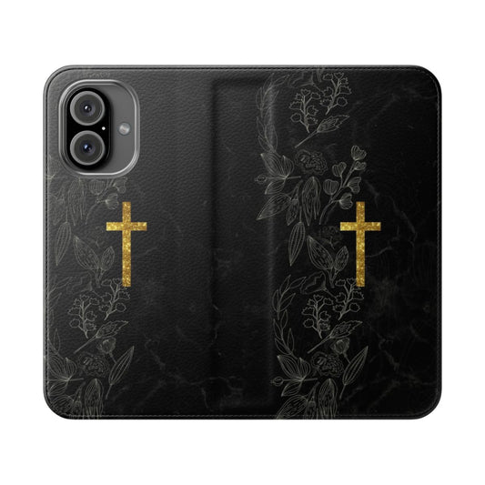 Marble and gold flip phone case with a christian cross symbol design