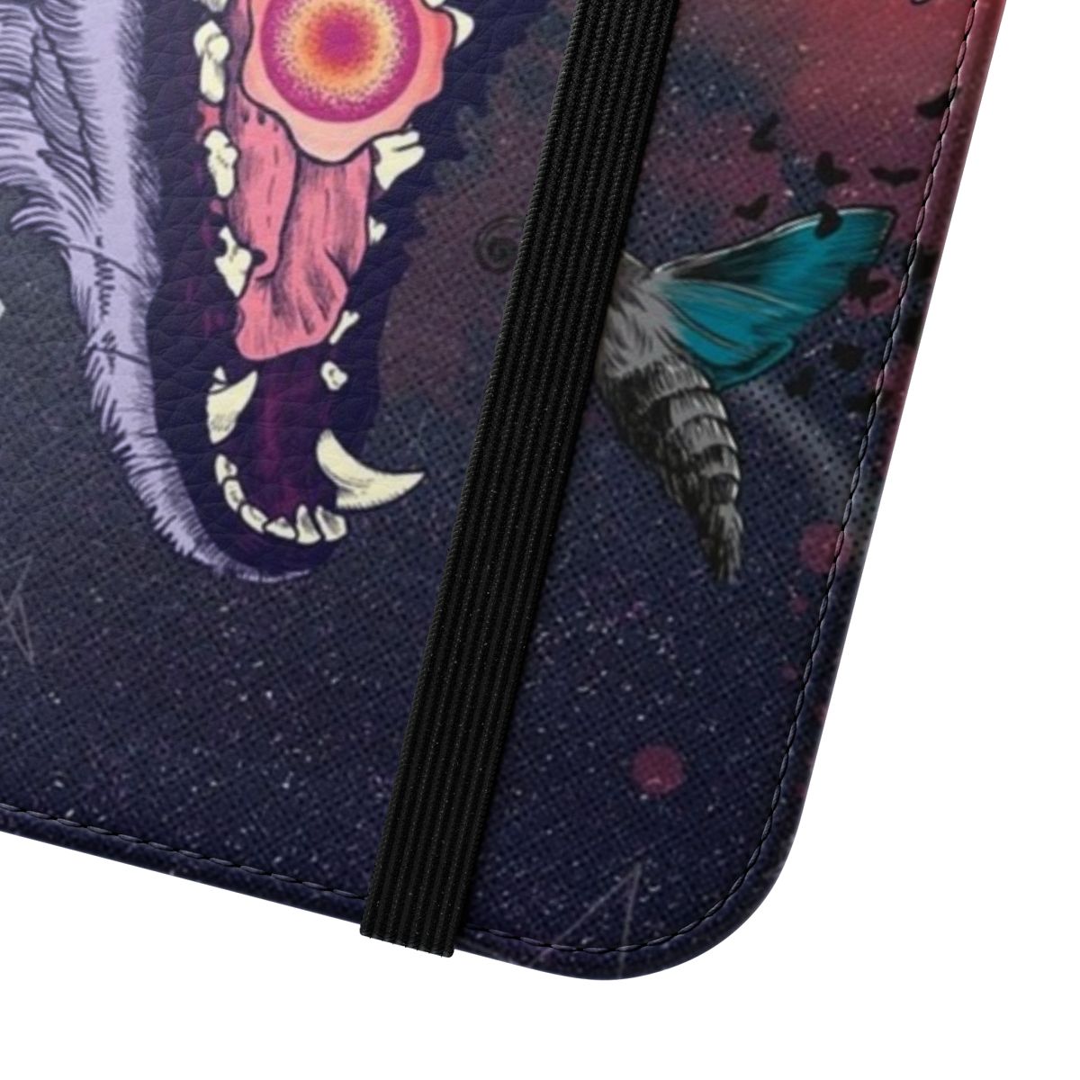 Vibrant psychedelic and surreal phone case featuring a wolf and celestial imagery - Close Up