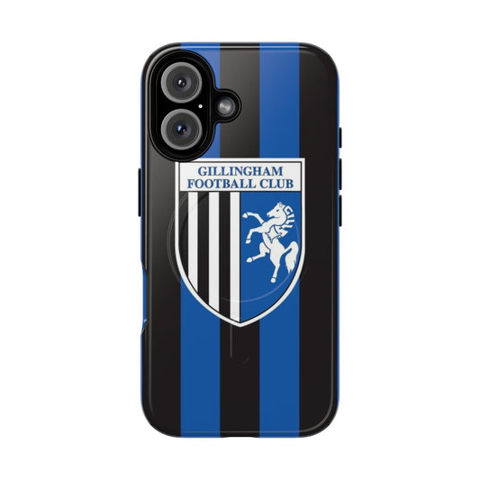 Striped phone case featuring an artistic interpretation of the Gillingham FC logo