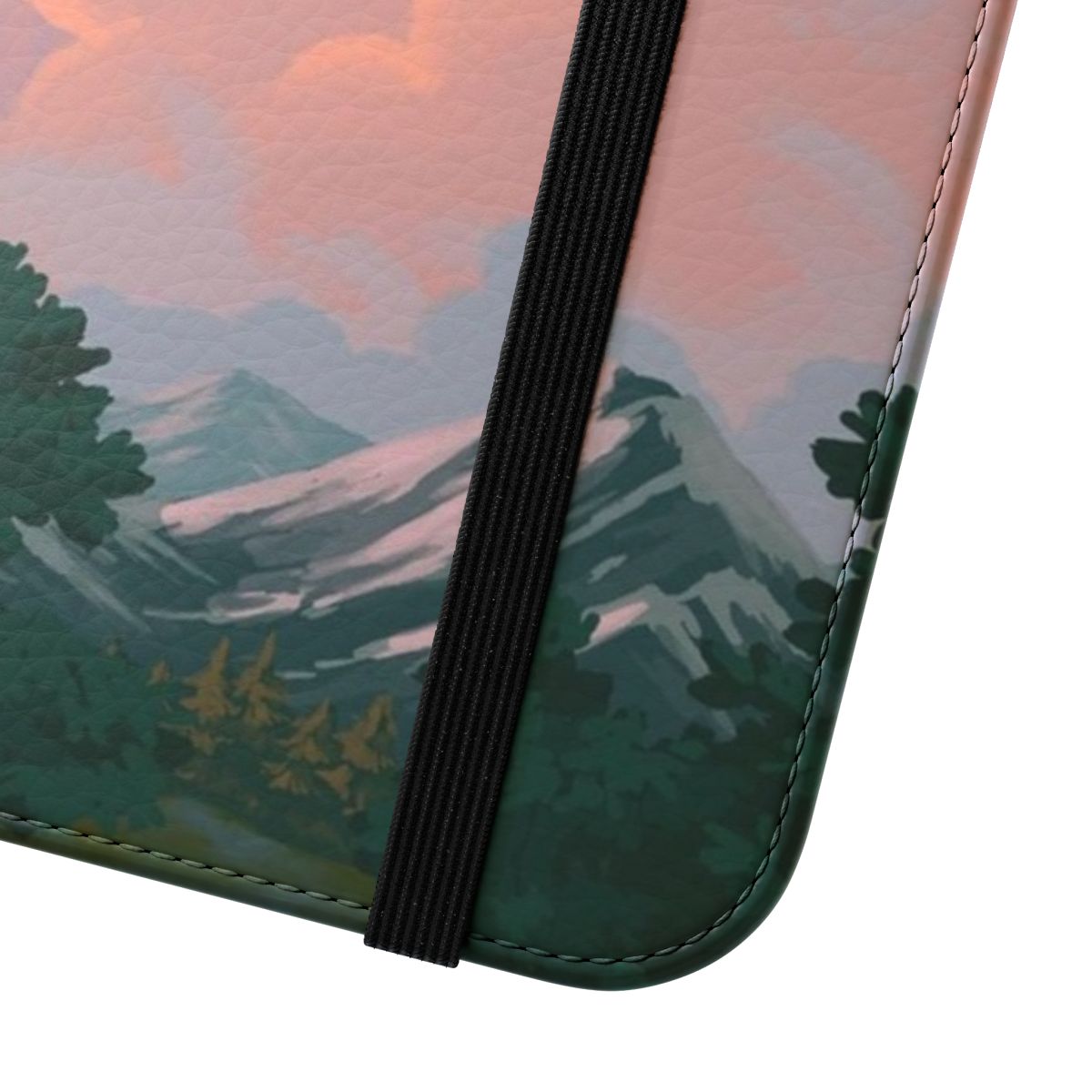 A phone case featuring a serene landscape with mountains, trees, and a sunset sky. - Close Up