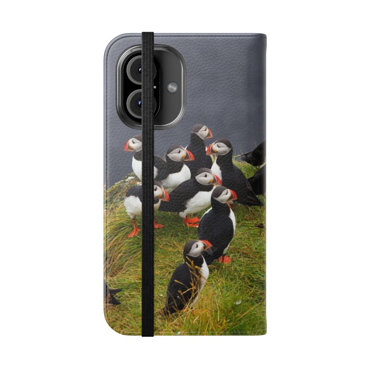 A high-quality flip cover phone case featuring an illustration of a puffin, the iconic bird of Iceland. - Folded Front