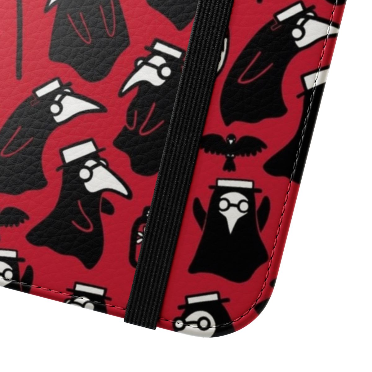 Flip cover phone case with a medieval plague doctor design featuring a black bird, leeches, and dark Gothic elements. - Close Up