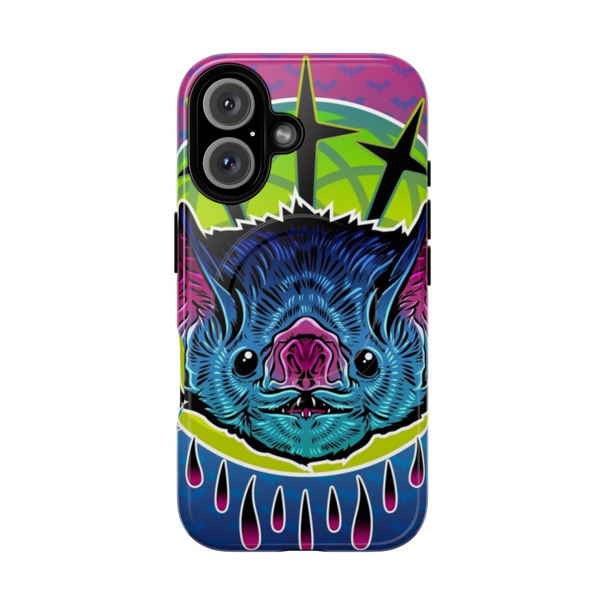 Neon bat phone case with a vibrant, colorful vector design