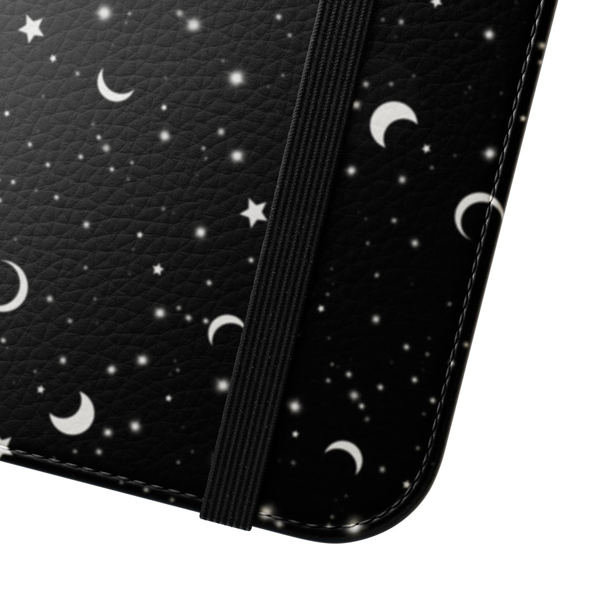 Black universe-themed phone case with a patterned galaxy, moon, and stars design - Close Up