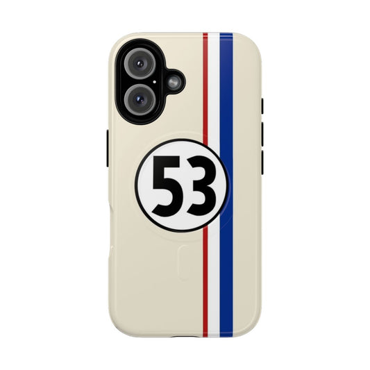 Magnetic tough phone case featuring a retro Volkswagen Beetle design with striped accents, inspired by the classic film car "Herbie".