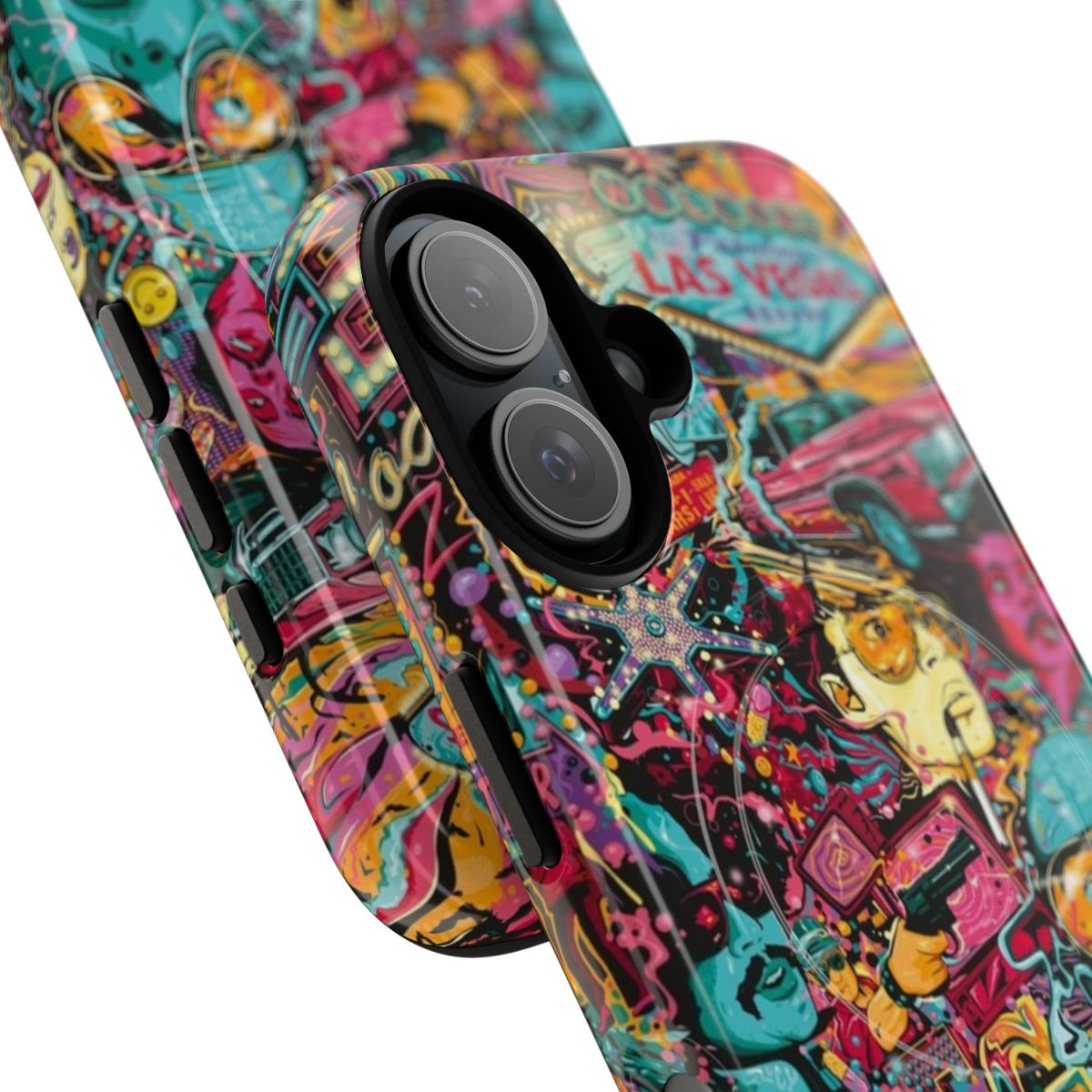 Phone case with a retro, psychedelic design inspired by the cult classic movie "Fear and Loathing in Las Vegas" - Detail