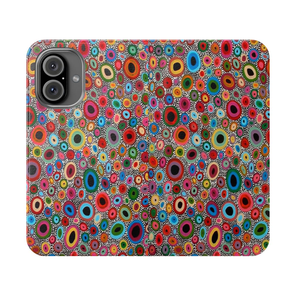 Flip phone case featuring vibrant aboriginal-inspired dot art design