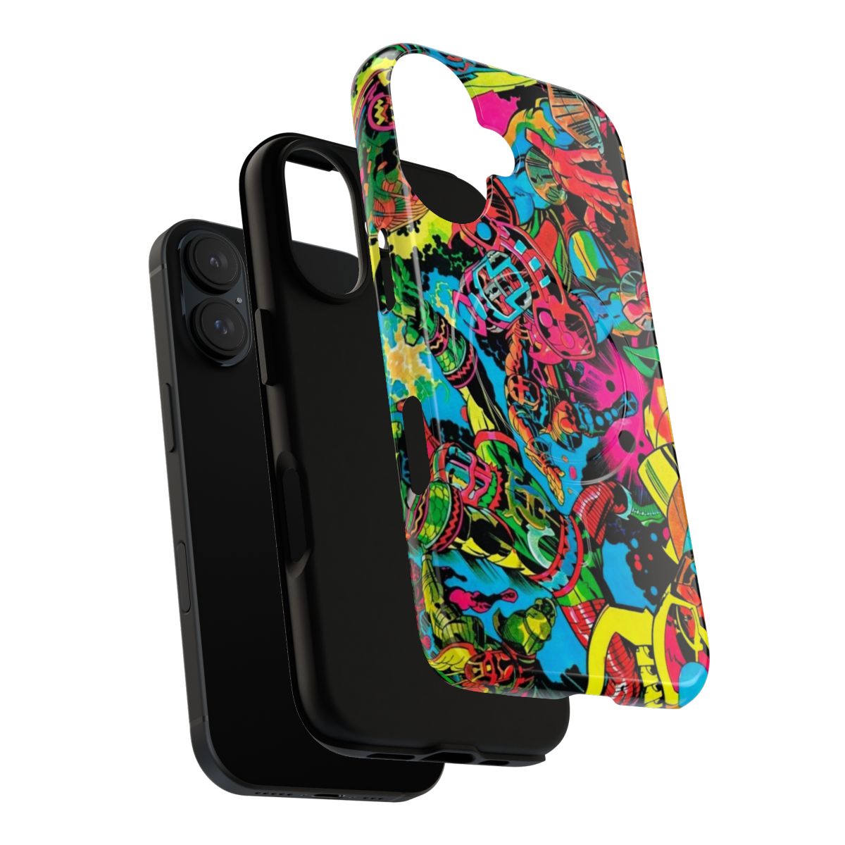 Colorful retro superhero-inspired magnetic phone cases with a psychedelic 60s, 70s, and 80s comic book art style. - Layers