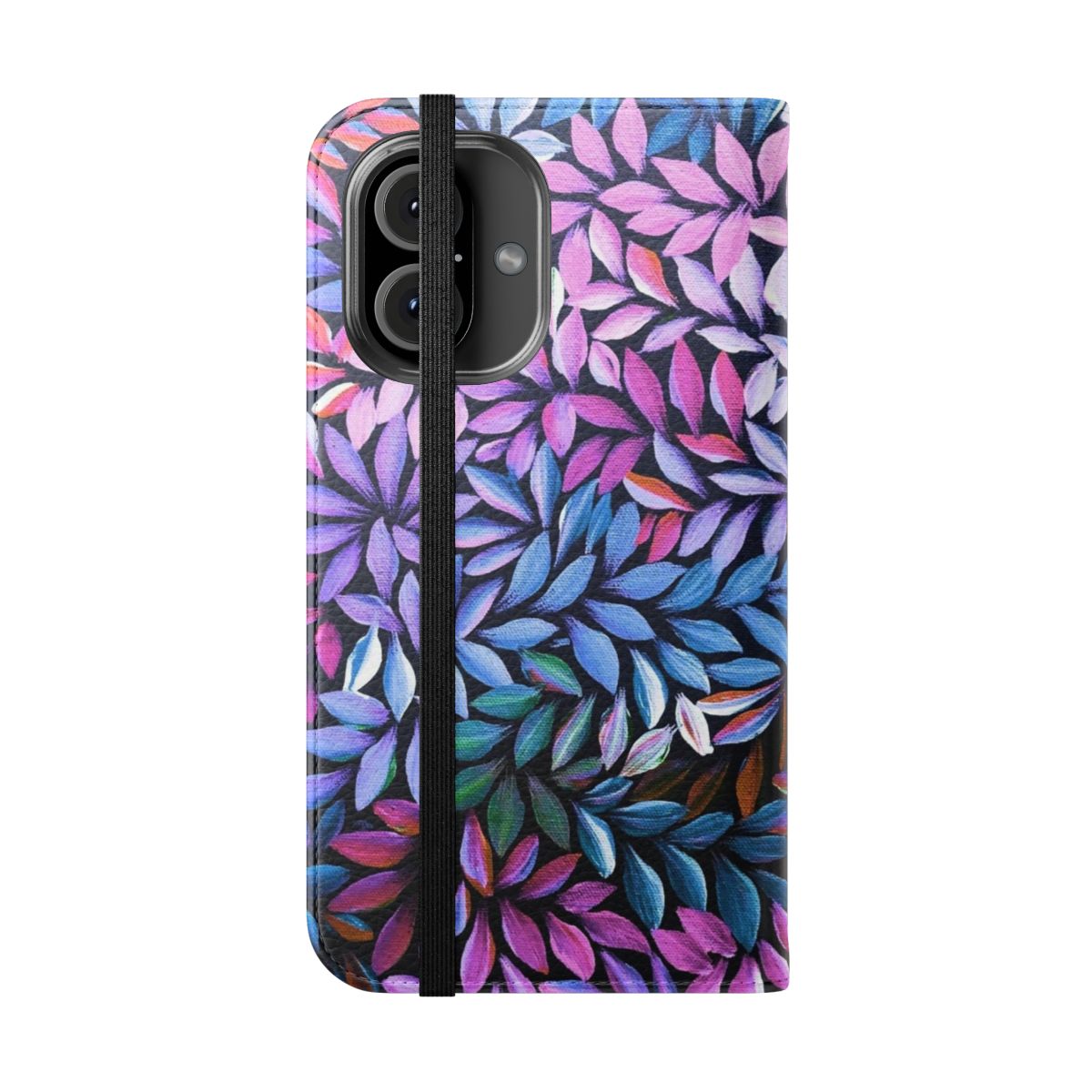 Flip cover phone case featuring a vibrant aboriginal art inspired pattern in pink, purple, and blue. - Folded Front