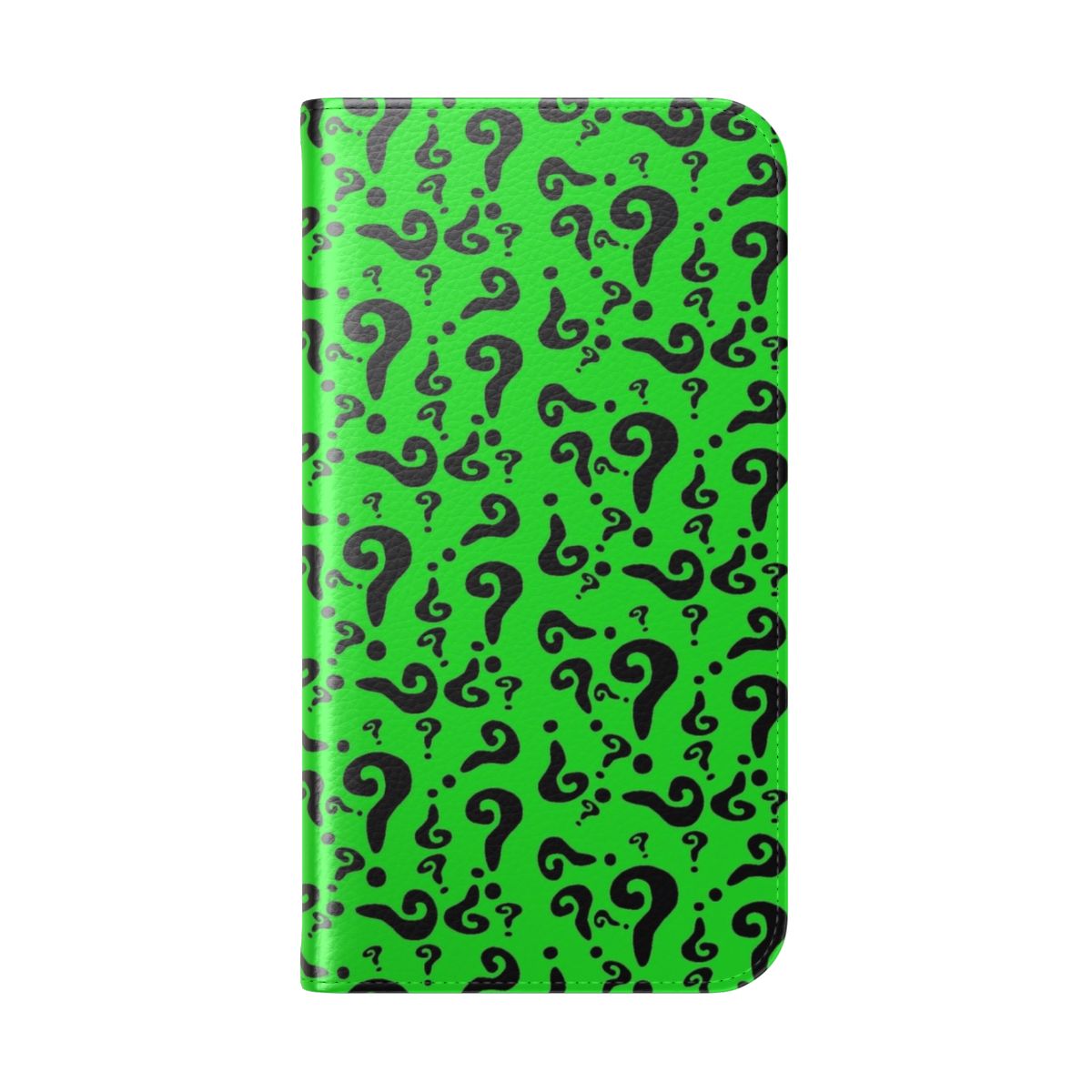 A green phone case with a question mark design, inspired by the iconic villain character from DC comics. - Folded Back