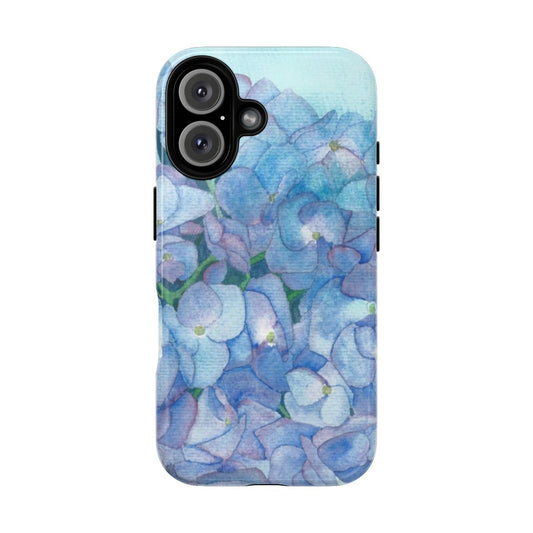 Blue hydrangea floral watercolor painting on a magnetic phone case