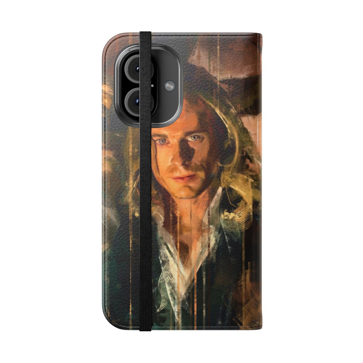 A flip cover phone case featuring a portrait with religious art design, including a crucifix, cross, and halo. - Folded Front