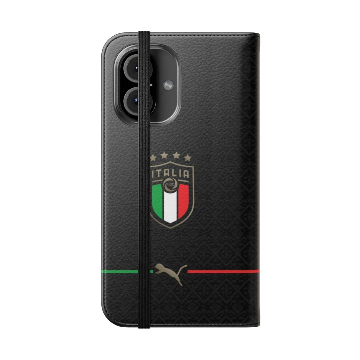 Black flip cover phone case with Italy, Italian, football, and soccer design - Folded Front