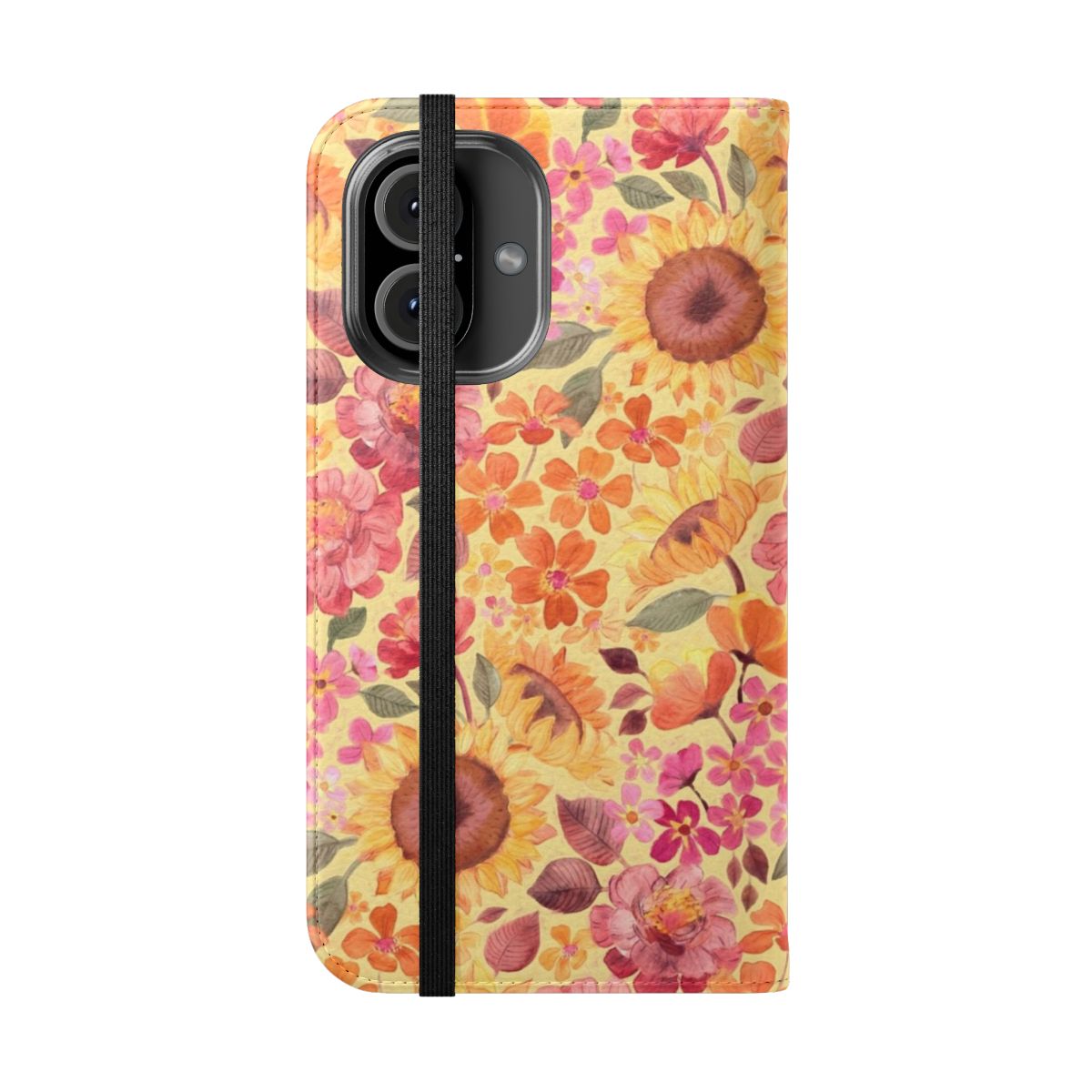 Retro 1960s style floral phone case with painted sunflowers and boho pattern - Folded Front