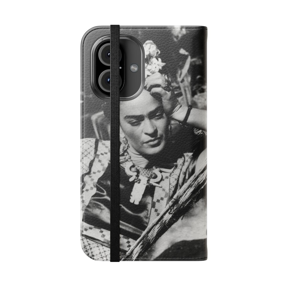 Vintage-inspired phone case featuring a stylized portrait of artist Frida Kahlo - Folded Front