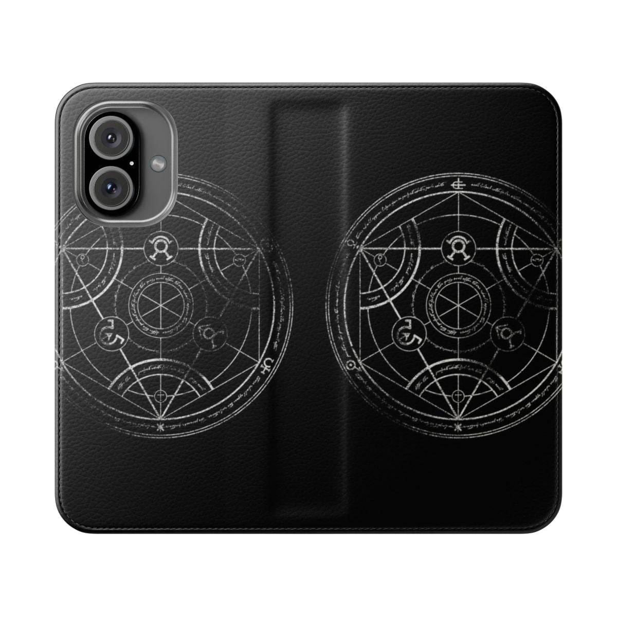 Weathered chalk human transmutation circle design on a mobile phone case.