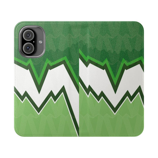 Retro-style flip cover phone case featuring a geometric, abstract Celtic FC-inspired pattern in green.