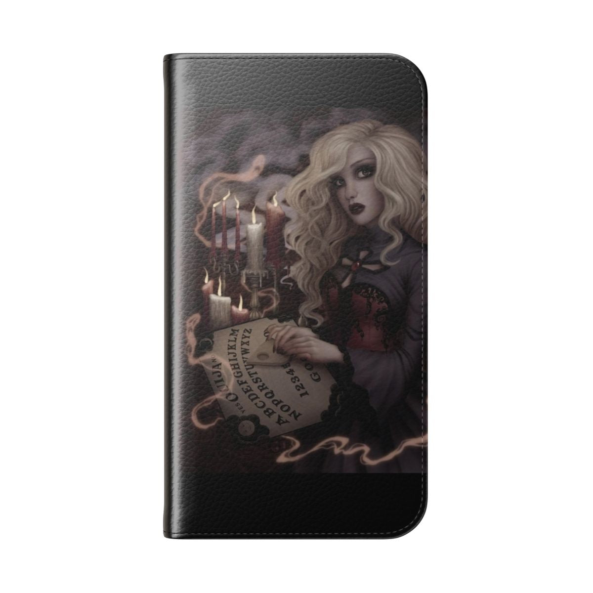 Spooky gothic supernatural themed flip cover phone case with occult and paranormal design elements - Folded Back