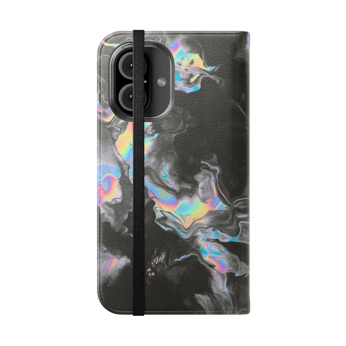 A sleek and eye-catching flip phone case with a space and time themed design. - Folded Front