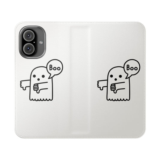 Spooky ghost-themed phone case with a thumbs down graphic