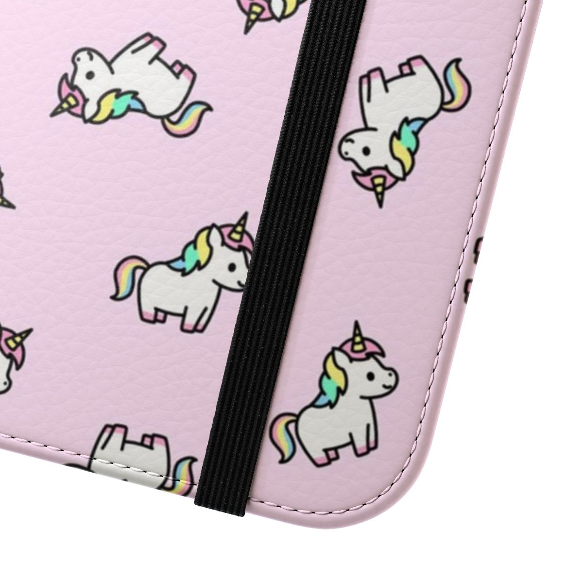 Pastel-colored unicorn-themed flip cover phone case with a cute, aesthetic design - Close Up