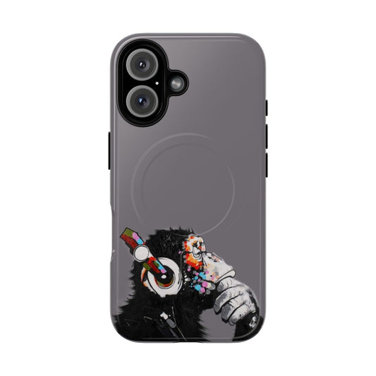 Colorful urban art phone case featuring a chimpanzee in a thoughtful pose, inspired by Banksy's iconic street art.