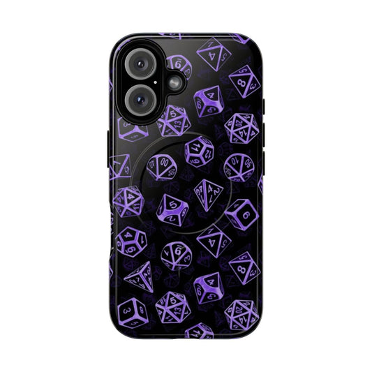 A purple D20 dice set pattern on a magnetic tough phone case.