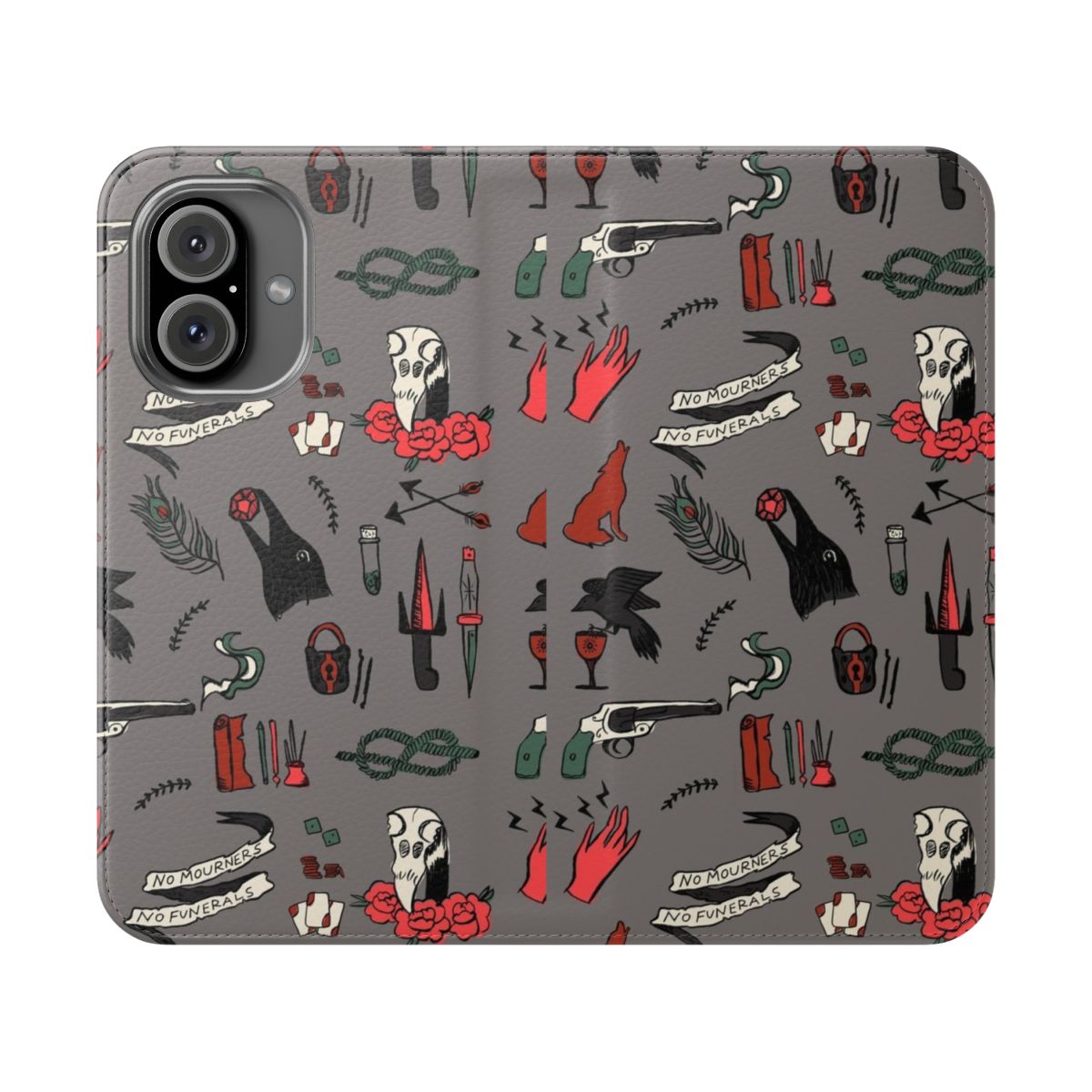 Flip cover phone case with a "No Mourners, No Funerals" design, inspired by the Six of Crows book series by Leigh Bardugo.