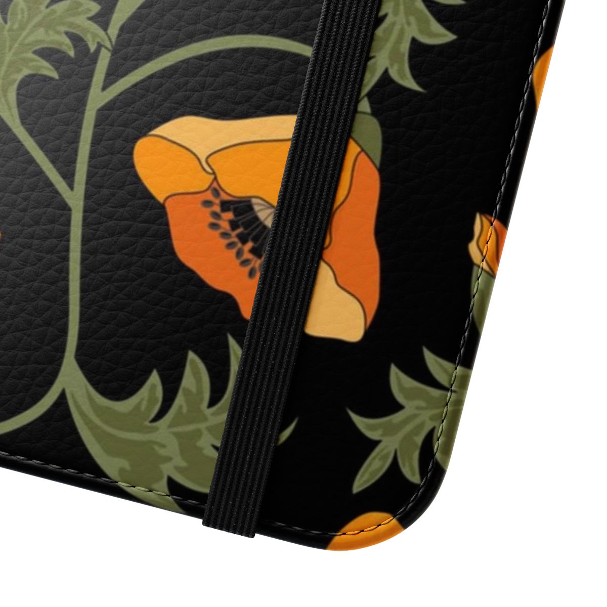 Stylish phone case featuring a vibrant floral pattern of yellow California poppies against a black background. - Close Up