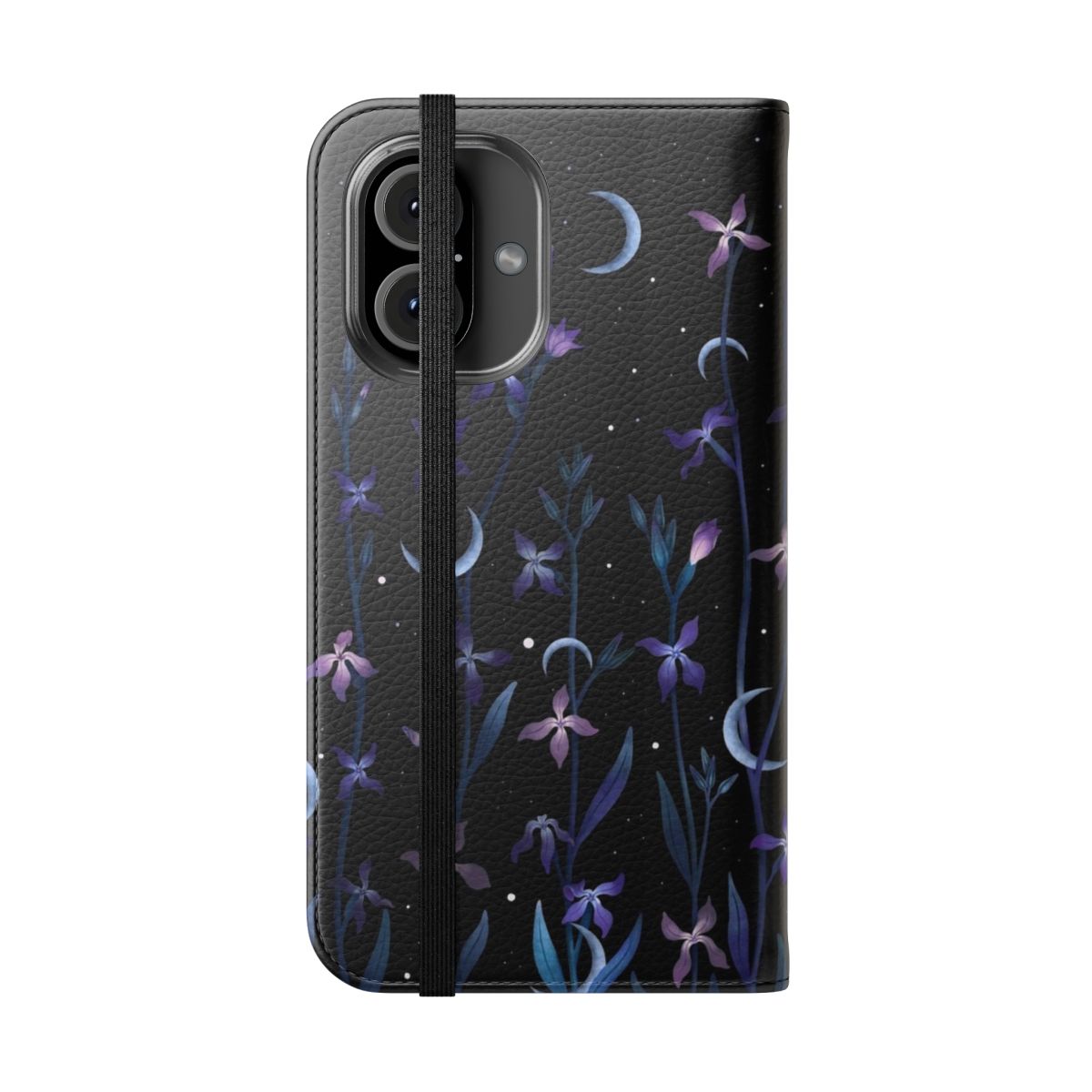 Elegant flip cover phone case featuring a botanical and moonlight design - Folded Front